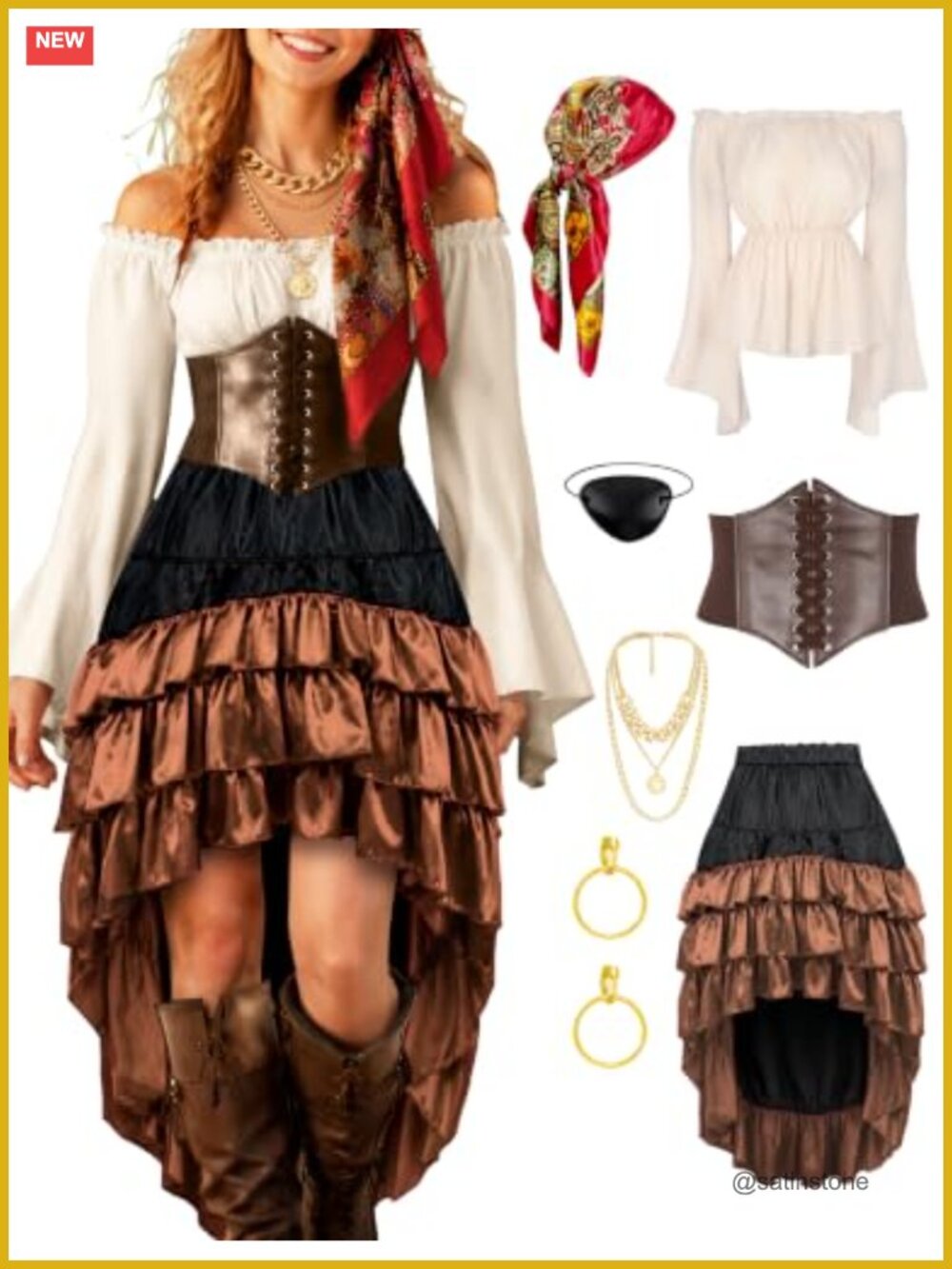 Women's Pirate Costume Set Off-Shoulder Blouse Faux Leather Corset Satin Skirt